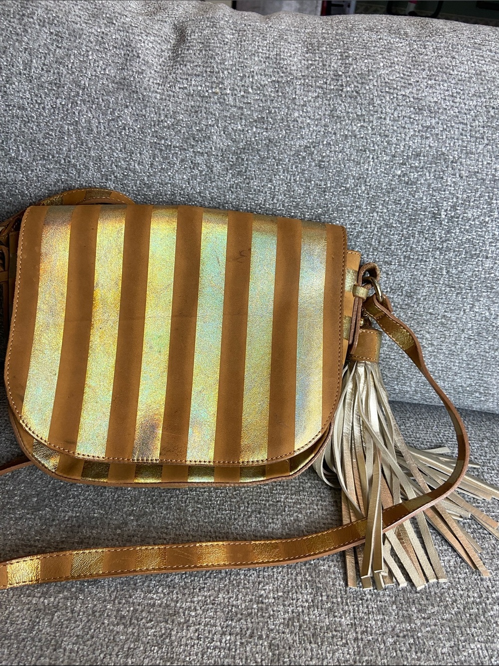 Vittoria Napoli Striped Metallic Gold and Tan Crossbody Bag with Tassel